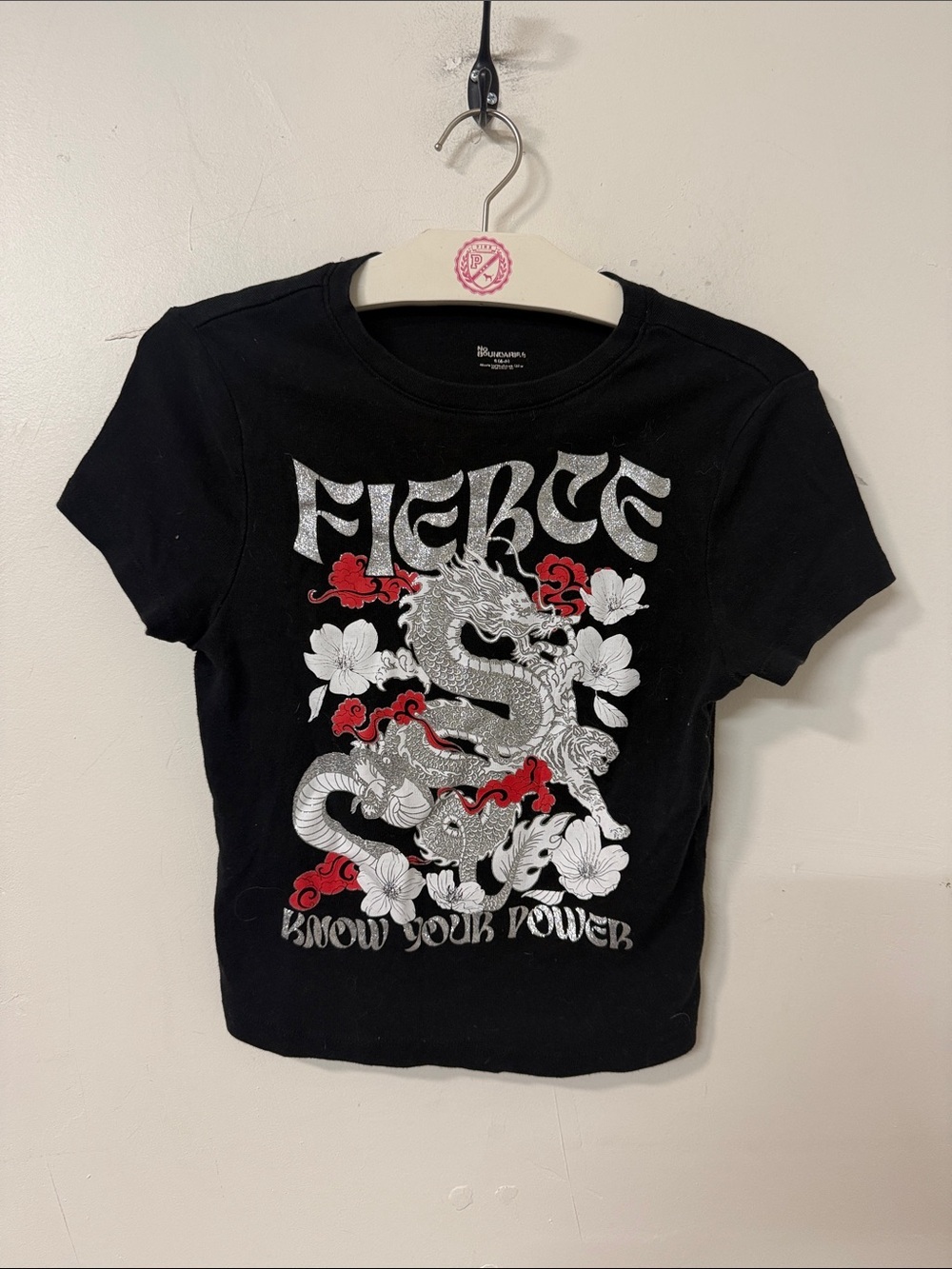 No Boundaries Black Graphic Tee with Silver & Red Dragon Y2K